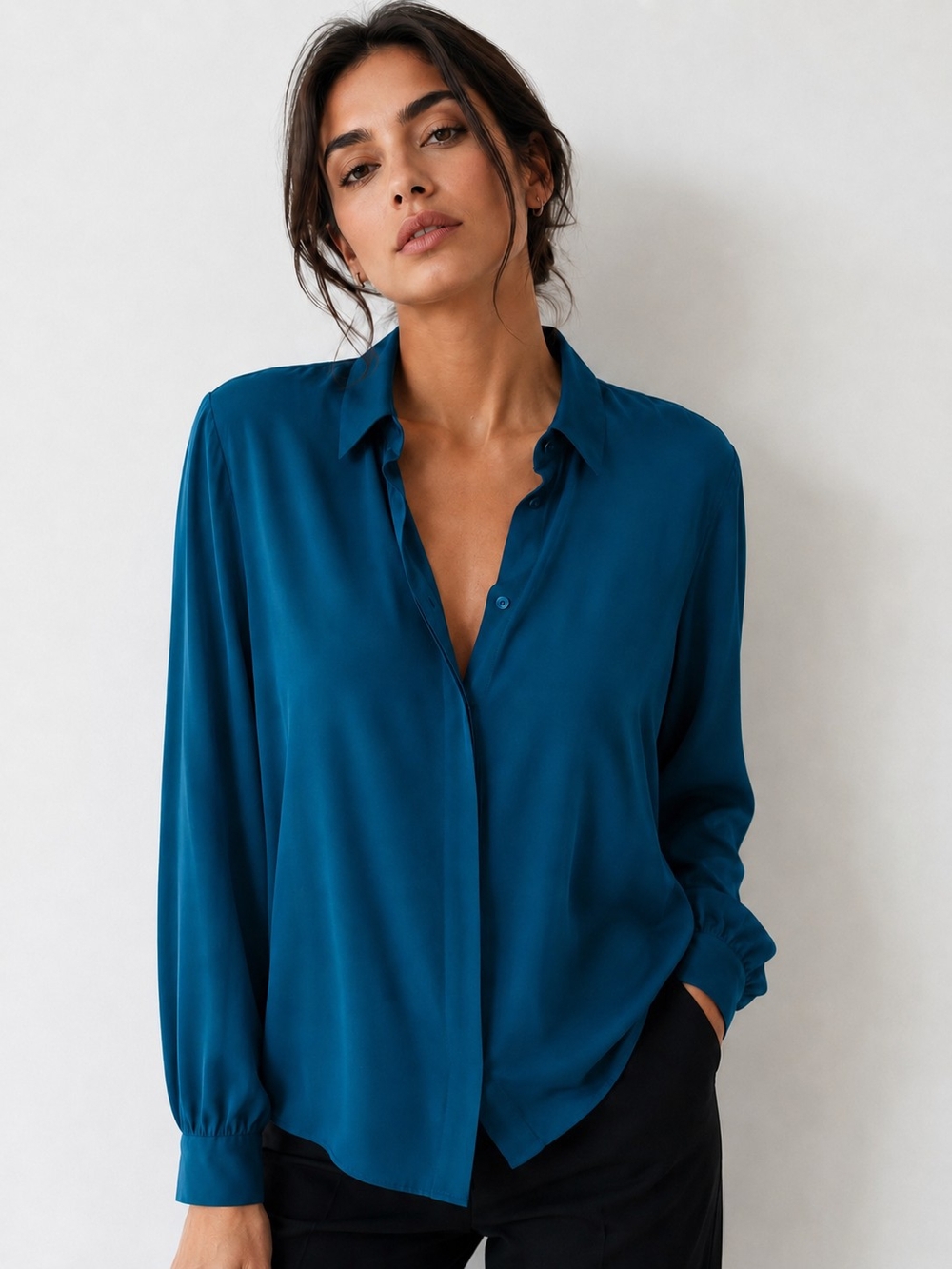 Nordstrom Women’s 100% Silk Teal Blue Button Front Blouse Size 8 Vintage